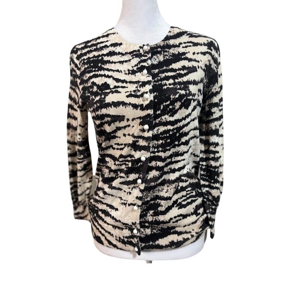 Talbots Cardigan Sweater Womens S Black Cream Excellent Tiger Stripe Button Up‎